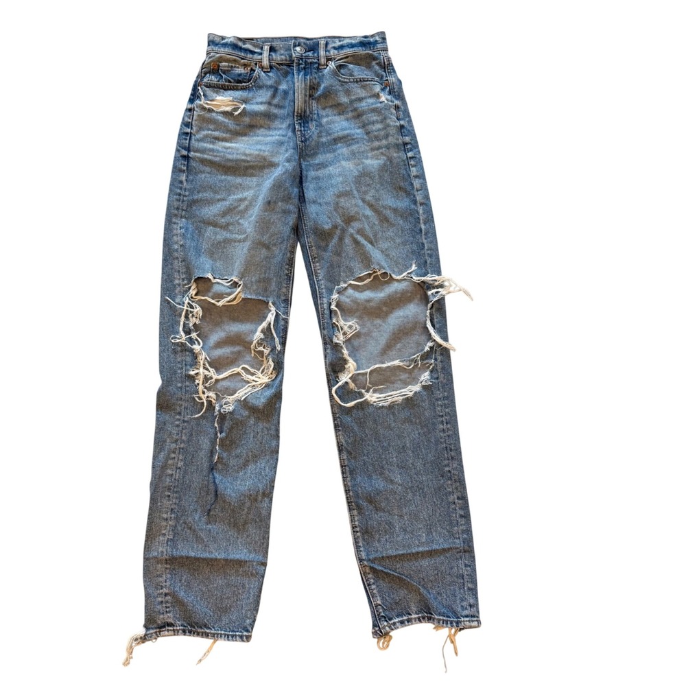 American Eagle Baggy‎ Straight Jeans Womens 0 Blue Excellent Distressed Strigid
